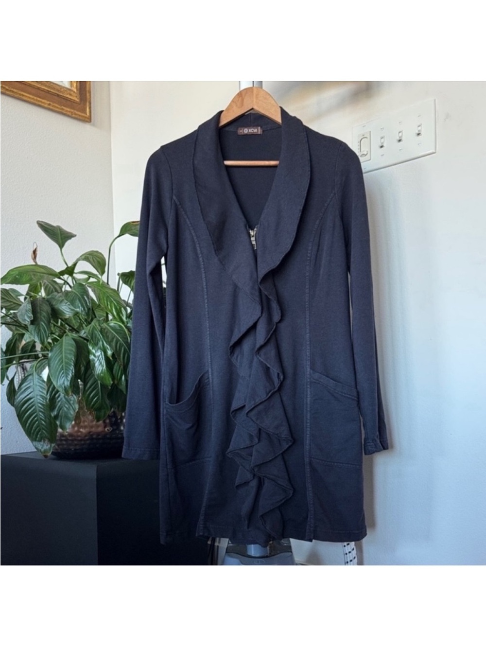 XCVI Knit Draped cardigan Jacket Sz S Ruffled neck Full zip Boho Black Gray